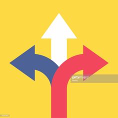 two arrows pointing in opposite directions, one red and the other blue on yellow background