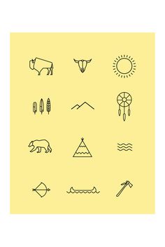 a yellow background with black and white symbols on the bottom right corner is an image of mountains, trees, animals, and other things that appear to be seen