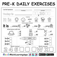 the worksheet for pre - k daily exercises