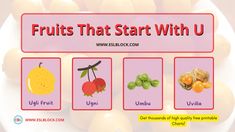 the fruits that start with u are labeled in red and yellow letters on a white plate