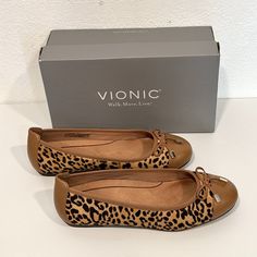 New In Box ~ Women's Wide Width Size 9w Vionic Spark Minna Tan Leopard Print Slip-On Ballet Flats / Cushioned Comfort Shoes With Cap Toe And Bow Accent ~ This Ballet Slipper Is Anything But Flat. The Vionic Minna Ballet Flat Is Designed With A Contrasting Toe Cap For A Play Of Textures And Colors. The Upper Leather Or Calf Hair Features A Feminine Bow And Branded Metallic Vionic Aglets. Underfoot, Biomechanical Design Helps Support Natural Alignment By Providing Arch-Hugging Support. At The Same Vionic Shoes, Ballet Slippers, Comfort Shoes, Calf Hair, Ballet Flat, Shoe Lover, Flat Shoes Women, Comfortable Shoes, Ballet Flats