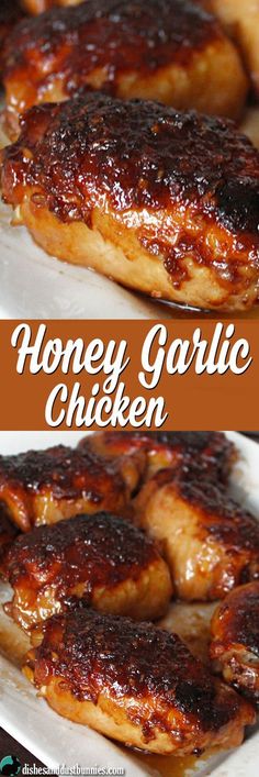 honey garlic chicken on a white plate with the words honey garlic chicken in two pictures