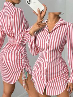 Striped Side Drawstring Shirt Dress For New Year Clothes Red Casual  Long Sleeve Woven Fabric Striped Shirt Non-Stretch  Women Clothing, size features are:Bust: ,Length: ,Sleeve Length: Drawstring Shirt, Mini Robes, Mini Dresses, Dress Red, Striped Shirt, All Fashion, Women Clothing, Woven Fabric, Red Dress