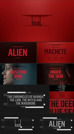 the poster for alien is shown in red and black