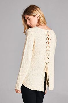 Laced Up Back Sweater #JessLeaBoutique Favorite Sweater, Cozy Outfit, Oversized Sweater, Gold Details, Boutique Clothing, Spring Outfits, Sweater Outfits