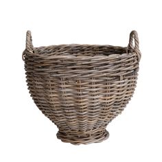 a wicker basket with handles is shown on a white background and has no people in it