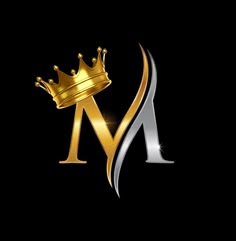 the letter m with a crown on top of it, in gold and silver colors