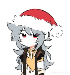 a drawing of a girl with grey hair wearing a santa hat on her head and looking at the camera