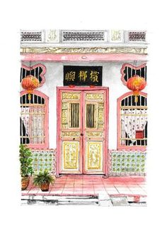 a drawing of a chinese restaurant with two doors and potted plants on the outside