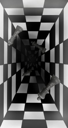 an abstract black and white photo with checkerboard pattern in the center, looking like it is moving