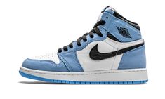 The Air Jordan 1 High GS “University Blue'' is the youth sizing of Michael Jordan’s first signature shoe in a colorway that references his alma mater, the University of North Carolina. Fitted in kids sizing, the “University Blue” seen here gives an update to the classic and original “UNC” colorway of the Air Jordan 1 High. The perforated toe and mid-panel display a crisp white tumbled leather construction. Contrasting University Blue suede overlays can be found on the forefoot, eyelets, collar, All Nike Shoes, Nike Air Shoes, Air Jordan 1 Retro High Og, Hype Shoes, Air Jordan 1 Retro High, Mens Nike Shoes, New Nike Air, Swag Shoes, Kids Jordans