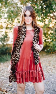 Faux Fur Ruffle Scarf Long In Animal Print Pink And Cheetah Print, Womens Holiday Tops, Cheetah Print Scarf, Velvet Top Long Sleeve, Velvet Pink, Ruffle Scarf, Animal Print Fashion, Vintage Inspired Outfits, Fur Scarf