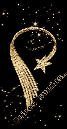 a gold ribbon and star on a black background with stars in the sky behind it