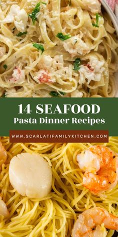 seafood pasta with shrimp, scallops and parmesan cheese in a bowl