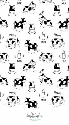 a black and white drawing of cows with milk in their bottles on the bottom right hand side