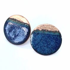 Blue Enamel Jewelry With Polished Finish, Blue Pierced Copper Earrings, Blue Artisan Earrings With Oxidized Finish, Artisan Blue Copper Earrings, Luxury Blue Enamel Earrings, Large Stud Earrings, Vitreous Enamel, Enameled Copper