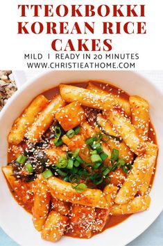 a white bowl filled with food on top of a blue tablecloth and text overlay reads mid korean teokki recipe non - vegetarian