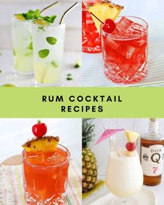 rum cocktails with pineapple and cherry garnish on the top, in different glasses