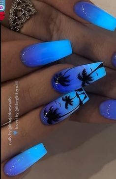 Nails For A Tropical Vacation, Blue Palm Tree Nails, Girly Acrylic Nails Blue, Nokti Za Ljeto, Nokti Za Leto, Camping Nails, Rainbow French, Short Coffin Nails Designs