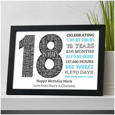 a framed birthday card with the number eighteen printed in black and white, on a shelf next to a potted plant