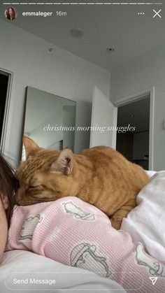 an orange cat laying on top of a bed next to a woman in a pink shirt