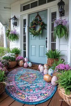 an outdoor area with potted plants and wreaths on the front door