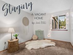 a bedroom with white walls and carpeted flooring next to a window that says staging