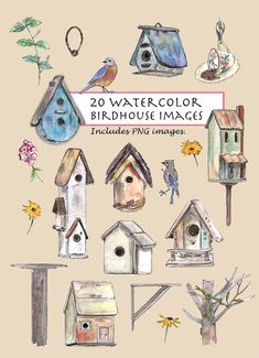 watercolor birdhouse images are shown with flowers and birds in the top right corner