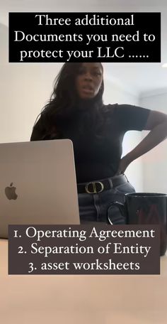 a woman sitting in front of a laptop computer on top of a desk with the words, three additional documents you need to protect your llc