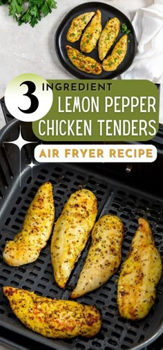 Lemon pepper chicken tenders on a black plate and in the air fryer basket Air Fryer Fried Potatoes, Lemon Pepper Chicken Tenders, Fried Chicken Air Fryer, Chicken Tender Recipes Easy, Chicken Tender Recipe, Clean Eating Meal Prep Ideas, Lemon Pepper Chicken Breast, Air Fryer Recipes Chicken Tenders, Easy Chicken Tenders