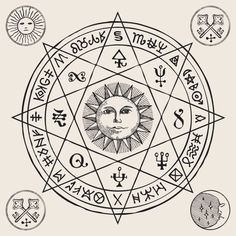 an image of the sun and moon in a circle with other astro symbols around it