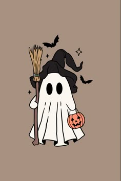 a cartoon ghost with a broom and pumpkin