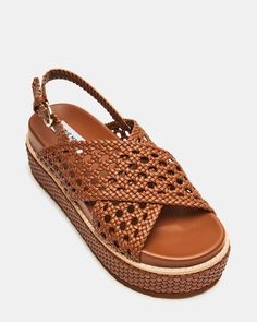 KAYDA Cognac Platform Woven Sandal | Women's Sandals – Steve Madden Brown Woven Leather Wedge Sandals For Vacation, Brown Wedge Sandals With Textured Sole For Vacation, Brown Textured Sole Wedge Sandals For Vacation, Trendy Brown Sandals With Woven Sole, Trendy Woven Leather Sandals With Round Toe, Trendy Woven Leather Sandals, Synthetic Slingback Sandals With Woven Sole And Round Toe, Brown Synthetic Platform Slingback Sandals, Brown Synthetic Slingback Platform Sandals