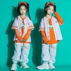 Children's Orange white street jazz dance costumes hip-hop rapper singers gogo dancers performance clothing for girls Jazz Dance, Performance Outfit