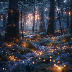 a forest filled with lots of glowing lights