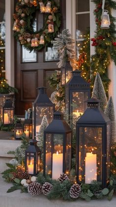 christmas decorations with candles and wreaths on the steps