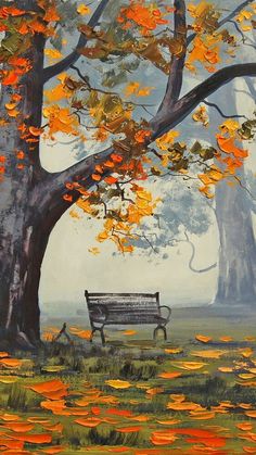 a painting of a park bench in the fall