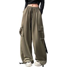 PRICES MAY VARY. Womens cargo pants are made of full cotton. The fabric is soft, breathable and skin-friendly, suit for spring, summer and fall. Y2k pants with 4 Pockets for great convenience. 2 thigh flap pockets with straps are not only practical but also stylish, 2 deep side pockets to hold your phones, wallet and keys, free your hands. Baggy cargo pants for women well-designed elastic waistband with drawstring easy to fit your body well, allows full range of motion for all day comfort. Baggy Military Pants Women, Cargo Trousers Women, Y2k Parachute Pants, Cargo Pants Women Baggy, Womens Cargo Trousers, Inspire Outfits, Girls Cargo Pants, Green Cargos