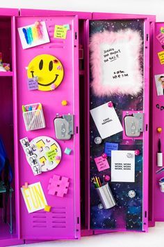 there is a pink locker with many things on it