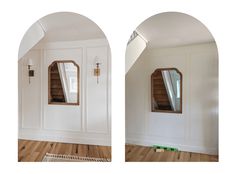 two pictures of an empty room with white walls and wood floors, one showing the door to another room