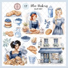 the blue bakery clip art is shown with bread and other items in front of it