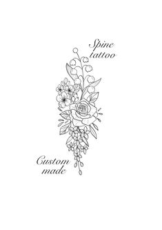 a black and white drawing of flowers with the words pine tattoo written in cursive writing