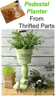 an advertisement for a planter from thrifted parts, with pictures of potted plants