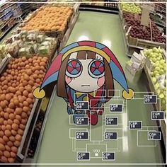 an image of a cartoon character in the produce section of a grocery store with food items on display