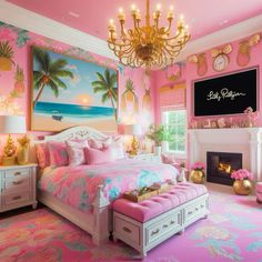 a bedroom decorated in pink and gold with a chandelier hanging from the ceiling