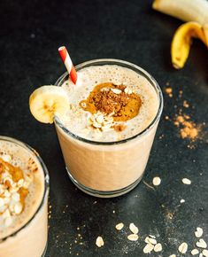 two glasses filled with oatmeal, banana and peanut butter milkshakes