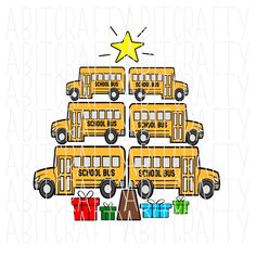 school bus christmas tree with presents and star in the middle, on top of it