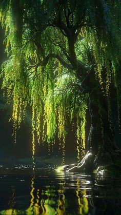 a large tree with lots of green leaves in the middle of a body of water