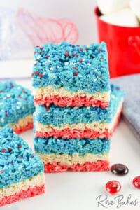 red, white and blue rice krispie treats are stacked on top of each other