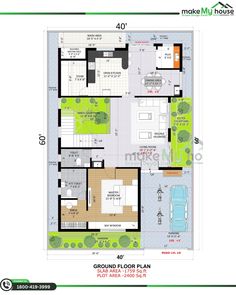 the ground plan for a house with three bedroom and two bathrooms, including an attached garage